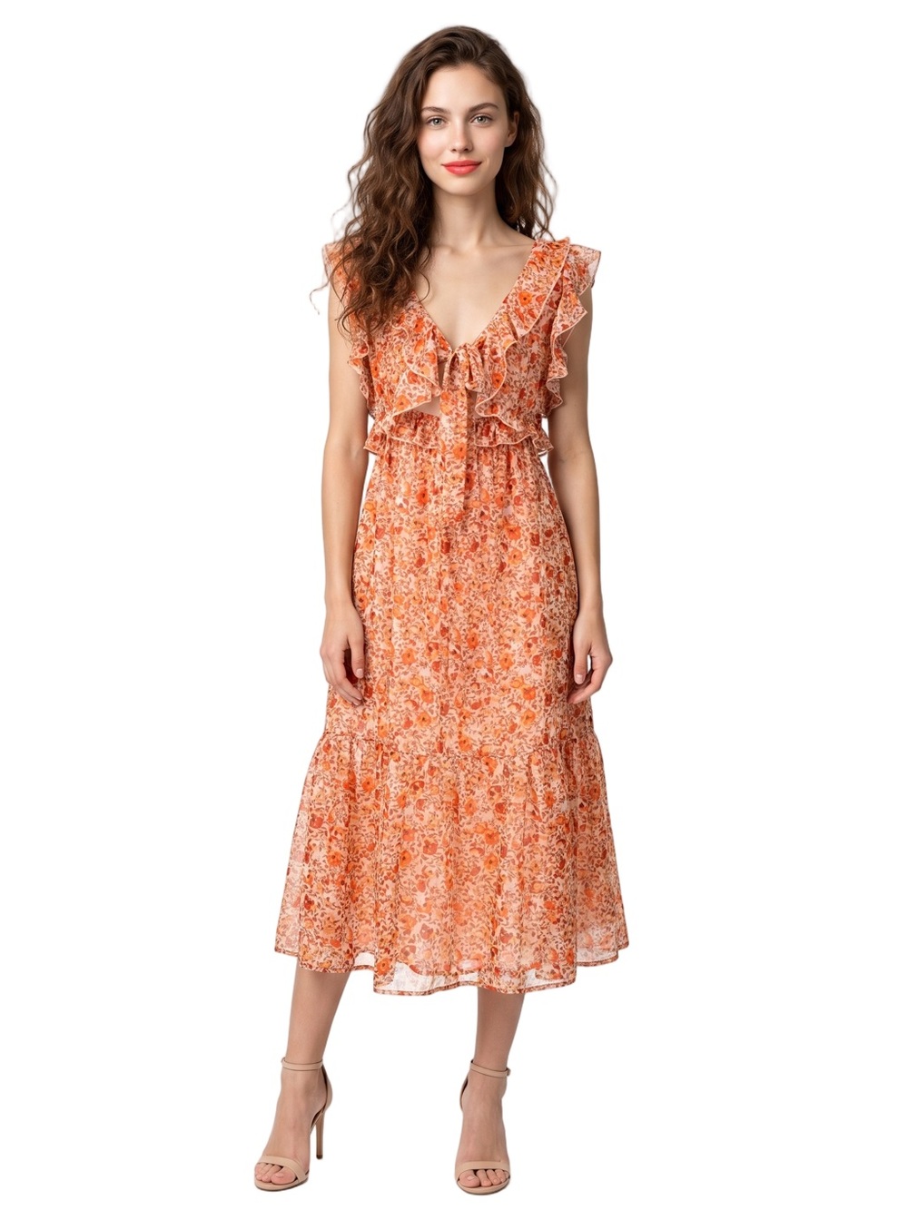 BLACK TAPE Dainty Floral V neck Sleeveless pink orange Fit and Flare midi dress
